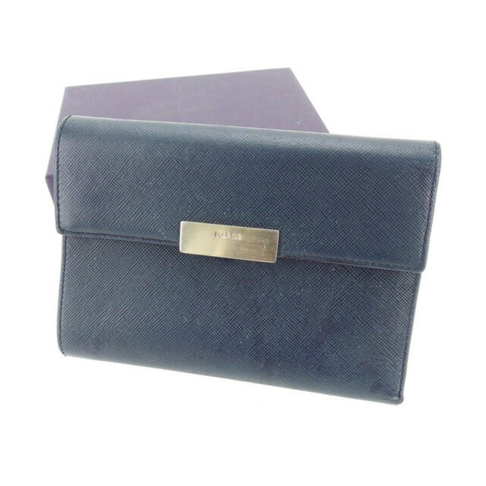 Authentic Used Prada Wallet Purse Trifold Navy Silver Woman